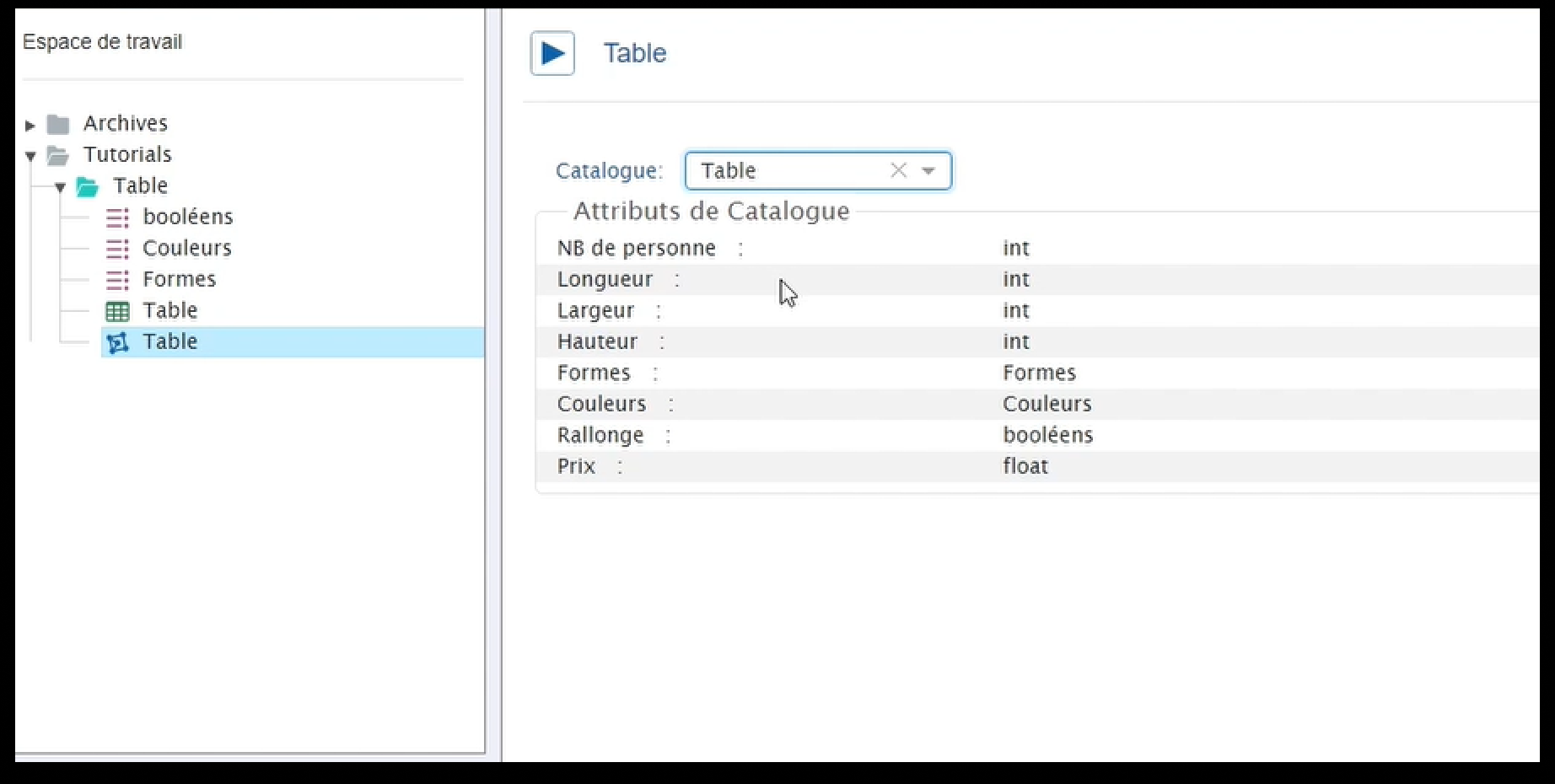 Screenshot of the table model