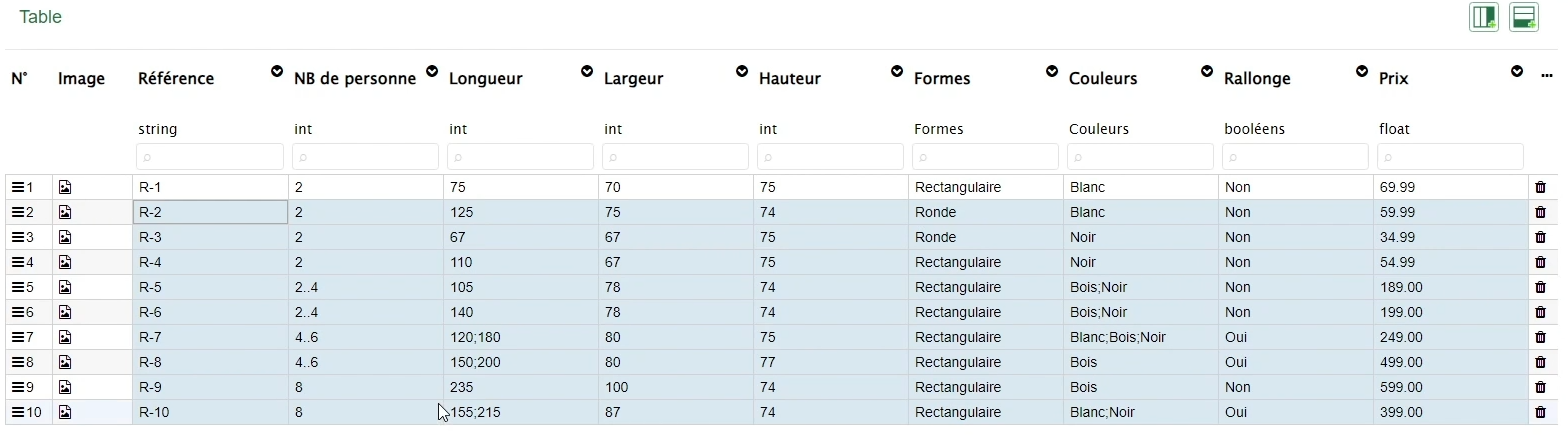 Screenshot of the table catalog